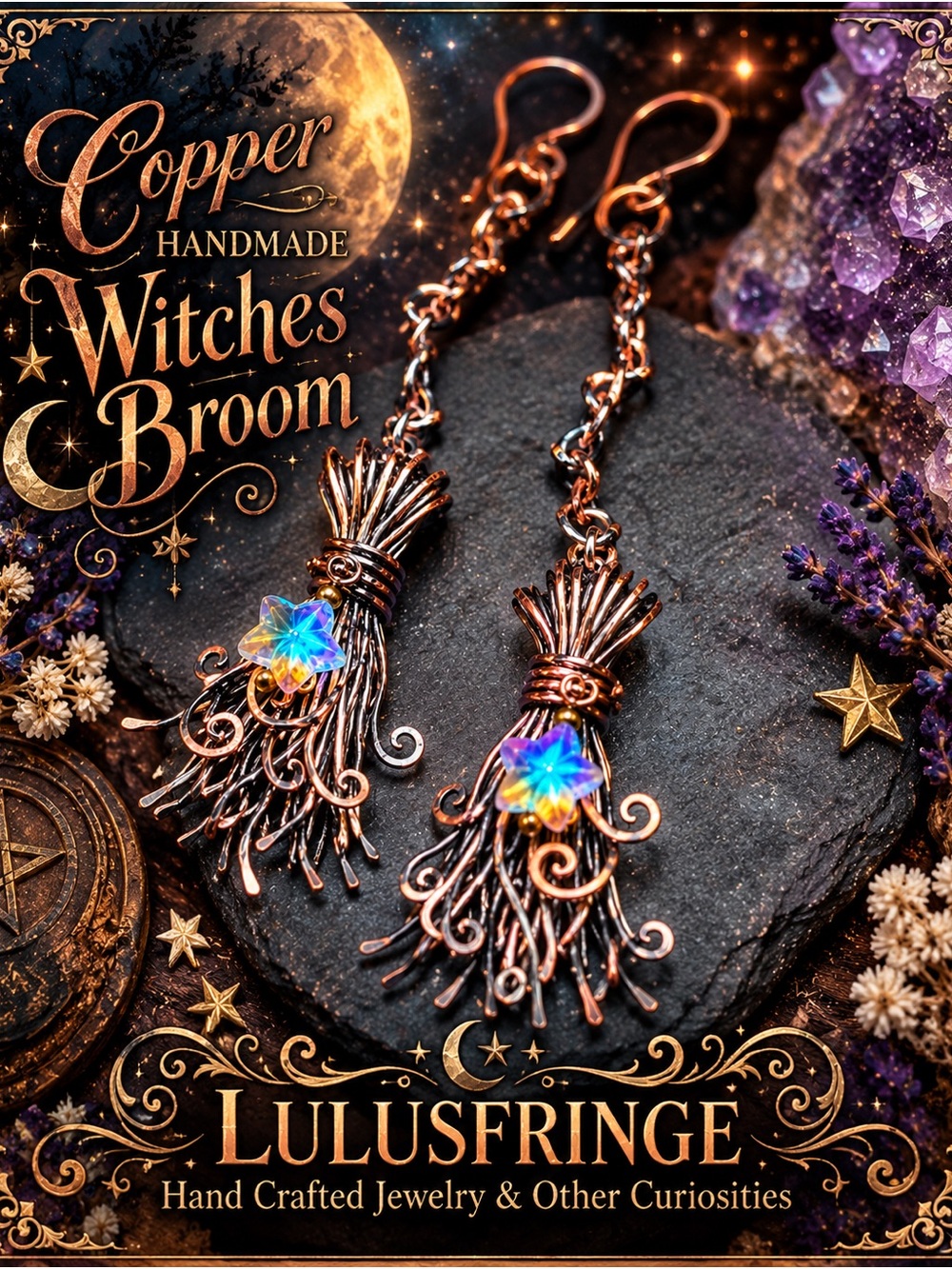 Artisan Copper Broomstick Dangle Earrings with Iridescent Star